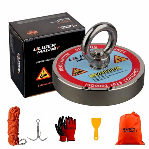 ULIBERMAGNET Aimant de pêche super fort 400kg Traction,n52 néodyme recyclé aimant de pêche diamètre 90mm avec corde et gants préférés, idéal pour la récupération, le Trésor et le recyclage……
