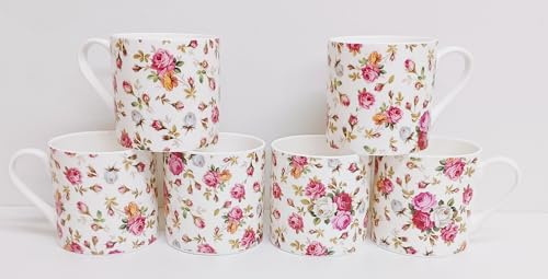 Rainbow Decors Garden Roses Mugs Set 6 Fine Bone China 15fl oz Large Balmoral Delicate Flowers Cups Hand Decorated UK