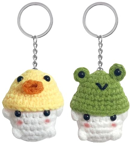 Rimvoe Lot de 2 porte-clés mignons en forme de champignon en crochet, grenouille/canard/lapin/fraise, porte-clés fait à la main pour sac à dos, jaune + vert, 7 x 6 cm