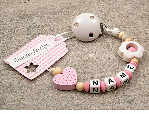 Nuckelhalter personalisiert mit Namen für Mädchen | Baby Geschenk zur Geburt & Taufe | Namenskette Blume und Herz in rosa