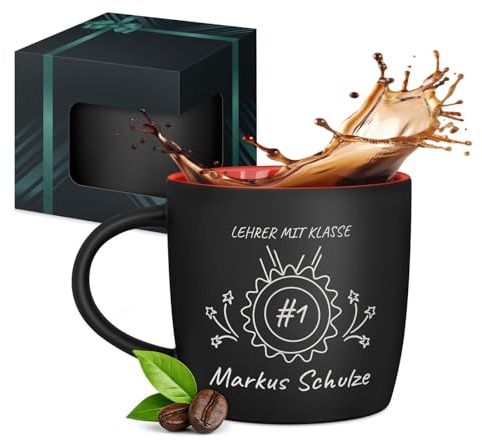 Maverton Keramik Kaffeetasse 400ml mit Gravur - personalisierter Kaffeebecher aus Matt Keramik mit Henkel - Trinkbecher für Männer zum Geburtstag zu Weihnachten - matt schwarz - Innen rot - Top