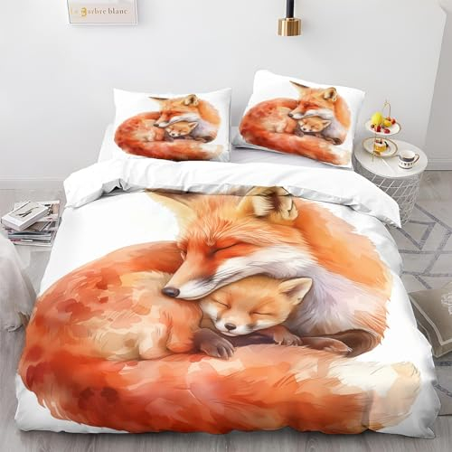 Bettwäsche 135x200 Fuchs Mit Tiermotiv Hell Gefärbt Bettbezug Set mit Kissenbezüge 80x80cm, Kuschel Bettwäsche aus Weich Mikrofaser, Bettbezüge mit Reißverschluss und Bügelfrei