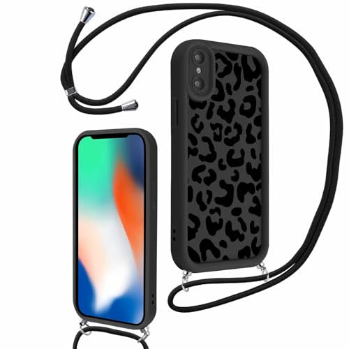 Xylota Handyband für iPhone X/XS Hülle mit Band, Silikon Aesthetic Muster Design Handyhülle mit Kette Kordel Schlüsselband, Stoßfeste Mädchen Schutzhülle für iPhone X/XS zum Umhängen,Leopard