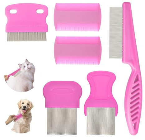 6 PCS Flea Comb for Cats & Dogs - Stainless Steel Grooming Tool to Remove Fleas & Eggs - Effective Kitten Tick & Lice Remover - Pet Combs Set for Cats and Dogs (Pink)