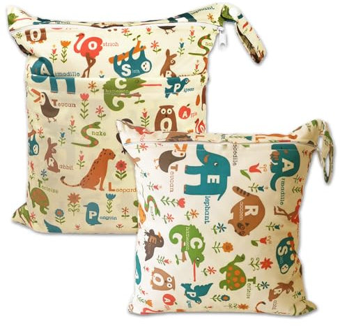 ACTOYS Wetbag, Windeltasche Set, 2 pcs Nassbeutel, Nasstasche Kindergarten, Wickeltasche Klein und Wetbag Groß, Nasstasche Lässig, Windeltasche für Unterwegs (Zoo)