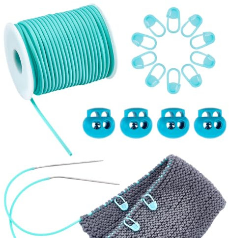 NBEADS 25 m Gummischnur, 3mm Hohlgummi Schlauch Stricken Barber Cord Stitch Keeper mit Plastik Schnurschlössern Plastik-Stichmarker für Stiche Sicken Schmuckherstellung, Türkis