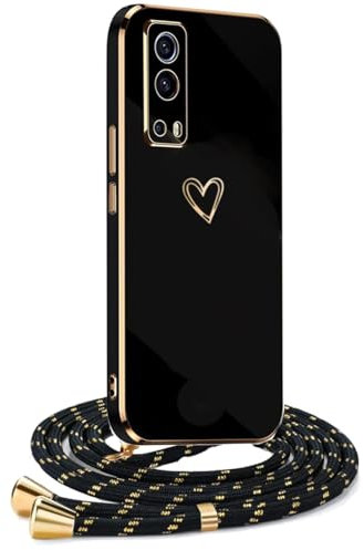YAMCCCSE Funda para Vivo Y52 5G/Vivo Y72 5G con Cuerda,Suave Silicona diseño de corazón con Chapado en Oro de Lujo,Case con Ajustable Colgante Cordon Colgar Collar Correa de Cuello Cadena Cordón