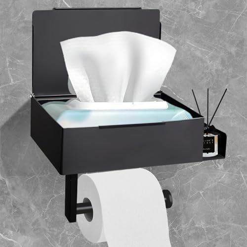 DOKKOME Toilettenpapierhalter Ohne Bohren Klopapierhalter mit Feuchttücherbox Edelstahl Klorollenhalter Rollenhalter für Badezimmer Toilet Paper Holder toilettenhalter schwarz