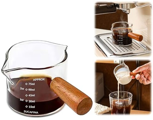Paquete de 2 tazas de espresso con mango de madera, accesorios de espresso de vidrio transparente, taza medidora de vidrio con doble escala, vaso de chupito espresso con boquilla en forma de V de 100