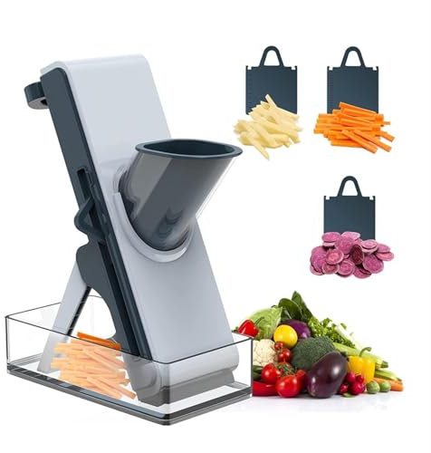 Mandolina cortadora segura for cortar verduras, comidas congeladas o salchichas, cortadora segura for mandolina, cortadora manual con recipiente, ajustador de grosor, cuchillas múltiples(Blue)