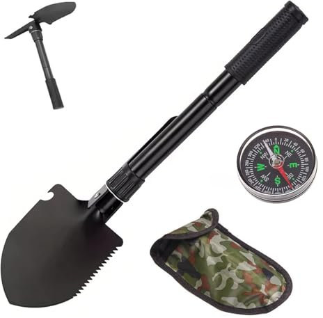 Mini Pelle Pioche Pliante, Pelle de Survie Pliante, Pelle Pliable Camping,Pelle Pliante,Pelle Pliable en Acier Inoxydable,pour Jardinage,Camping,Pelletage de Neige avec 1 Sac de Rangement et Boussole