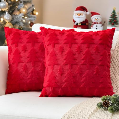 JOTOM 2er Set Weihnachten Kissenbezüge, Plüsch Kurze Wolle Dekorativ Zierkissenbezüge Weihnachtsbaum Kissenhüllen Sofakissen Kissenbezug Weihnachtsdeko für Wohnzimmer Garten (40x40cm, Rot)