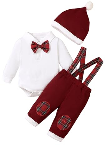 Caziffer Set di Natale per neonato, vestito per Natale, per ragazzi, 3 pezzi, pagliaccetto + tuta + cappello per travestimento di Natale per bambini 0-18 mesi