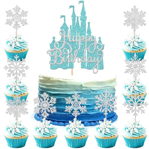 Xsstarmi 25 Pack Frozen Castle Cake Topper Decorations Set Silver Glitter Snowflakes Ice Castle Cake Pick for Winter Frozen Theme Baby Shower Kids Birthday Party Cake Decorations Supplies