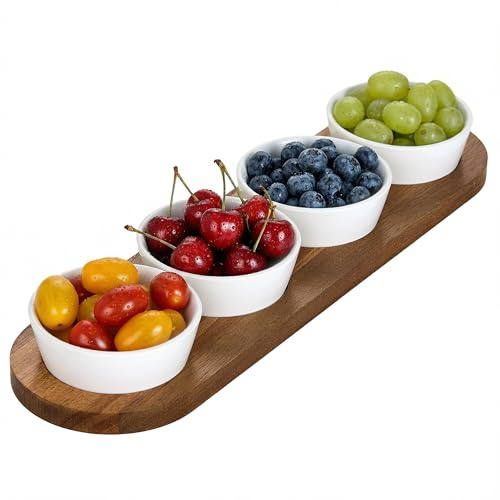 keramwerk 4x Weiß Dipschalen Set mit Brett Holz - Dip Schälchen für Snacks - Snack Schalen Set Keramik - Dip Schalen Set - Kleine Schüsseln als Saucenschälchen, Snackschalen, Dessertschalen