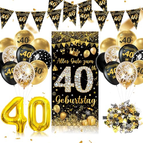 KQMGJYB 40 Geburtstag Deko, Deko 40 Geburtstag Junge Männer Frauen Schwarz Gold Dekorationen Banner, 40 Happy Birthday Girlande Ballon Dekoration