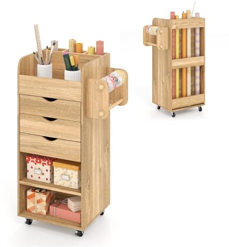 COSTWAY Rollcontainer mit 3 Schubladen, Bastelwagen mit 2 Rollstangen & 3 Fächern, Schubladenschrank aus Holz auf Rädern, Rollwagen Mehrzweckwagen für Büro Arbeitzimmer (Natur)