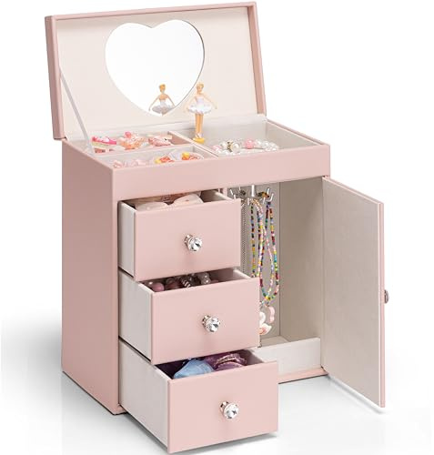 VLANDO Schmuckkästchen Mädchen,Große Schmuckkasten Kinder mit Ballerina | 4 lagiges Spielzeug Geschenk Mädchen mit DIY Aufkleber, Schmuckaufbewahrung mädchen mit Spieluhr, Rosa