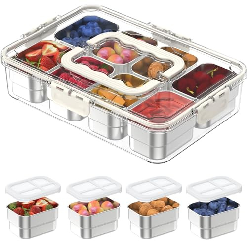OGEMXU Snackle Box Container, Stainless Steel Snackle Box with Lid Handle | Divided 8 Separate Compartments, Portable Snack Platters Keeps Fruit, Veggies,Candy Sorted,Ideal for Travel Party Picnic