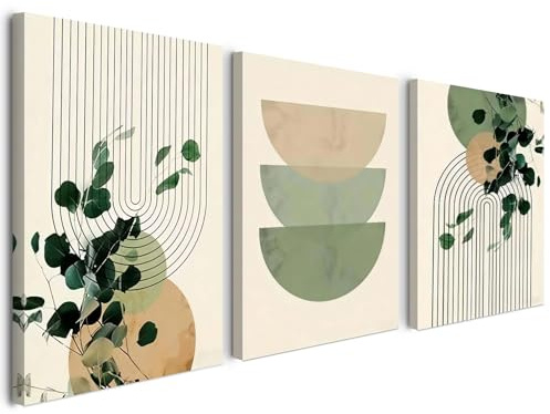 Alptiny Leinwandbilder Wohnzimmer Set 3er 30x40 cm mit Rahmen – Moderne Wandbilder Geometrisch Grün Beige, Poster & Wanddeko Wohnzimmer, HD Druck, Mit Haken & Klett, Ohne Bohren