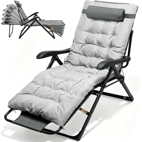 Klappbarer Sonnenliege Liegestuhl, Extra große Gartenliege mit Auflage, wetterfeste Balkonliege mit 7-fach verstellbarer Rückenlehne, Belastbar bis 150kg, Outdoor Relaxliege für Patio & Pool (Grau)