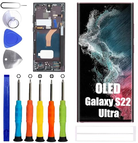 ERYNK OLED Display Für Galaxy S22 Ultra SM-S908B, SM-S908B/DS, SM-S908U [mit Rahmen] [mit Fingerabdrücken] [6.8 Zoll] Black LCD Display Touch Screen Digitizer with Werkzeugsatz