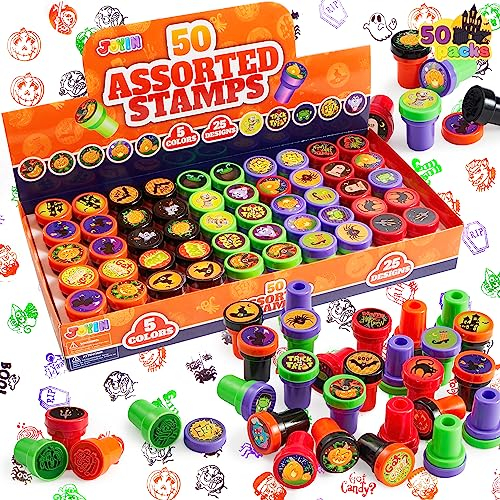 JOYIN 50 Pieces Halloween Assorted Stamps for Kids Self-Ink Stamps (25 DIFFERENT Designs, Plastic Stamps, Trick Or Treat Stamps, Spooky Stamps) for Halloween Party Bag Fillers, Halloween Goodies Bags
