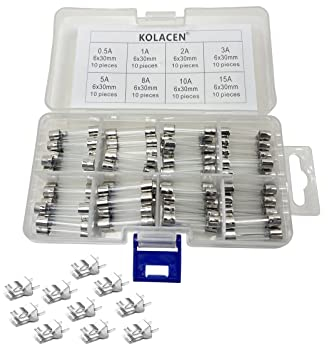 KOLACEN Rapide Coup-Fusible Verre Tube Fusible 6 x 30 mm Assortiment Kit 0.5Amp 1Amp 2Amp 3Amp 5Amp 8Amp 10Amp 15Amp (Pack de 80) + 10 Pièces Porte-fusible