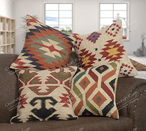 Chouhan Rugs 4 Stück handgewebte Jute-Kelim-Kissenbezüge, indische Vintage-Kissen, 45,7 x 45,7 cm, Boho-Kissenbezüge (Muster 1)