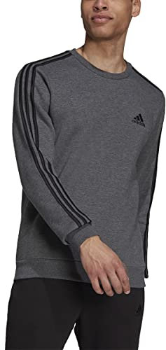 adidas Men's Standard Essentials Fleece 3-Stripes Sweatshirt, Dark Grey Heather/Black, Medium