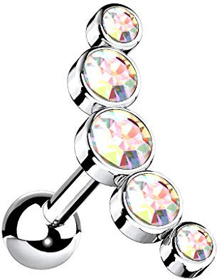 Taffstyle Piercing Stecker mit Multi Kristall Bogen Glitzer Steinen Ohr Cartilage Tragus Helix Ohrpiercing Barbell Stab Kugel Knorpel Silber Rainbow