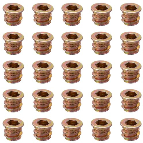 YoiYee M6 x 10mm Threaded Insert Nuts for Wood Furniture - 25 Pcs | Carbon steel body, yellow zinc plated finish, 6mm hex socket drive, 10.4mm outer diameter, fits M6 metric bolts