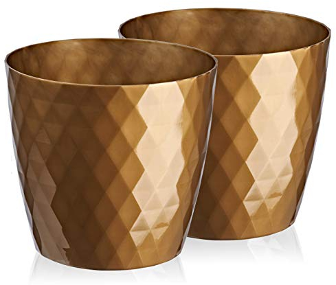 Lot de 2 pots à fleurs/plantes, légers, brillants et décoratifs, en plastique, forme ronde moderne, pour l’intérieur (18 cm, doré)