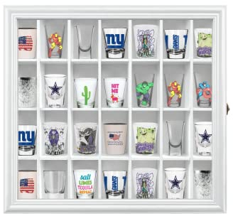 ILOT Shot Glass Display Cabinet Solid Wood - Large Display Case for Collectibles | Man Cave Accessories | UV Protection Acrylic Door | Wall Mounted Black Shadow Box | 28 Divided Slots | 18 x 16