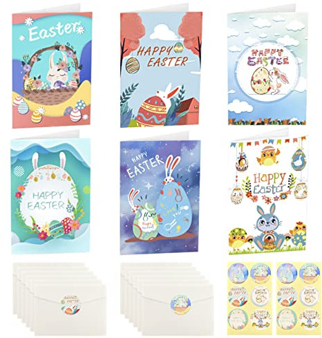 Grußkarten mit Umschlag, 12 Stück Osterkarten mit Umschlag Klappkarten Set, Ostern Postkarten mit Osterhase und Ostereier, mit Aufkleber,6 Unterschiedliche Motive je 2 Stück