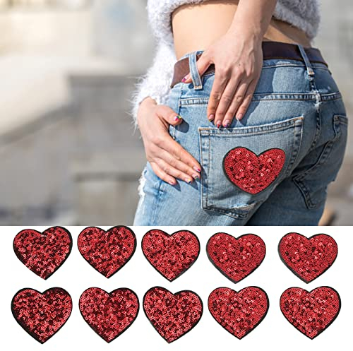 10 STÜCKE Mehrzweck Rotes Herz Patch, Herz Bestickte Patches DIY Nähen Baumwolle Aufbügeln Patch Bestickte Applikation für DIY Nähen Brautkleider Geschenktüten 6 x 6,6 cm