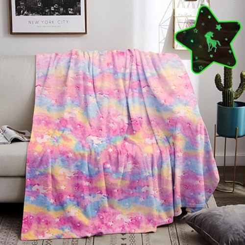HZVRTN Kuscheldecke Kinder Einhorn/Dinosaurier/Weltraum Decke, kuscheldecke leuchtet im Dunkeln, warme Decke Flauschige Geschenke für Jungs mädchen Sofa Kinderdecke (Einhorn B, 130x150cm)