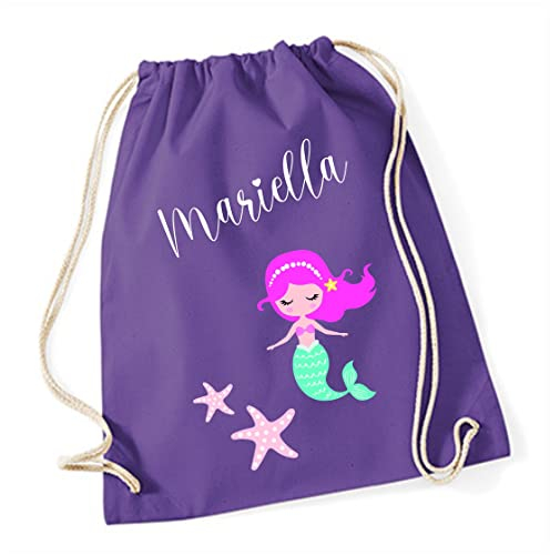 minimutz Turnbeutel Mädchen Meerjungfrau mit Seesternen und Namen bedruckt | personalisierter Stoffbeutel Baumwolle Geschenk Kinder (lila)