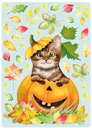Wandtattoo Loft Fensterbild Herbst Herbstfrüchte Herbstblätter Kürbis mit Katze Halloween bunt wiederverwendbare Fensteraufkleber Kinderzimmer Baby Kind, 1. A4 Bogen
