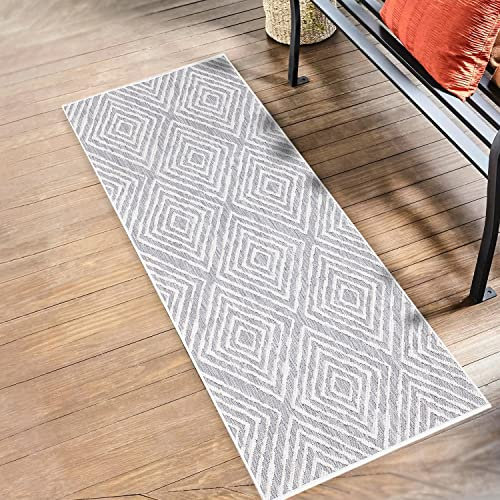 payé Outdoor Teppich Wetterfest - 80x150cm Läufer - Grau Weiß - Vintage Raute - Teppiche für Terrasse Balkon Garten Indoor
