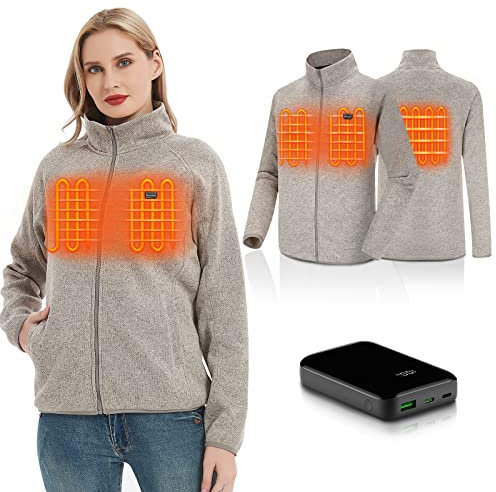 HENNCHEE Women's Heated Fleece Jacket Full Zip with Battery Pack 3 Adjustable Temperature Heated Jacket Womens with 3 Heating Zones Warm for Outdoor Camping Grey Medium