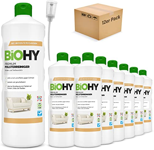 BiOHY Premium Polsterreiniger (12 x 1 Liter) + Dosierer | Bio Konzentrat für Polstermöbel, Sofas, Teppiche & Textilien | für Nasssauger & andere Geräte geeignet | geruchslösender Fleckentferner