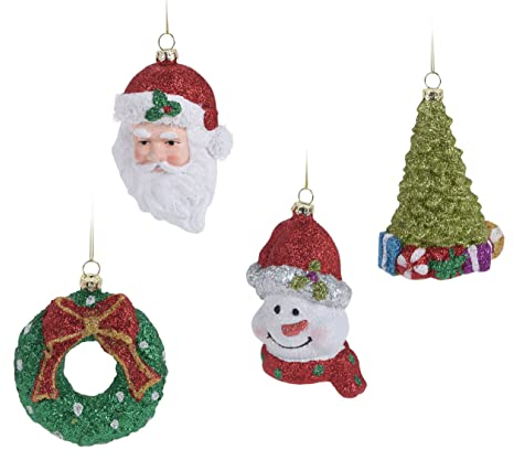 Spetebo Christbaumschmuck 4er Set groß - Figuren - Weihnachtsmann Schneemann Mistelkranz und Tannenbaum - Weihnachtsbaum Christbaum Schmuck Deko Kugeln originell witzig
