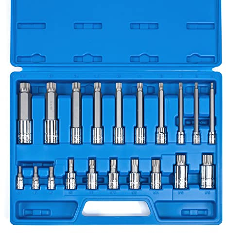 NEIKO 10057A XZN Dreifach-Vierkant-Bit-Set, 20-teiliges Set, Vielzahn-Steckschlüssel-Set, extra lang, 10,2 cm, 3-kant, 4 mm bis 18 mm, 12-kant Steckschlüsselsatz, manipulationssicher, Vierkantantrieb,