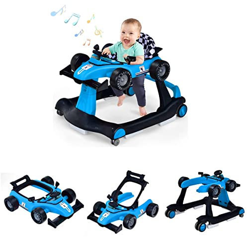 DREAMADE 4 en 1 Trotteur Bébé avec Hauteur&Vitesse Réglable Trotteur Marche Pliable Garçon Fille 6-18 Mois avec Roue Universelle Silencieuse&Musique&Lumière Charge 12 KG (Bleu)