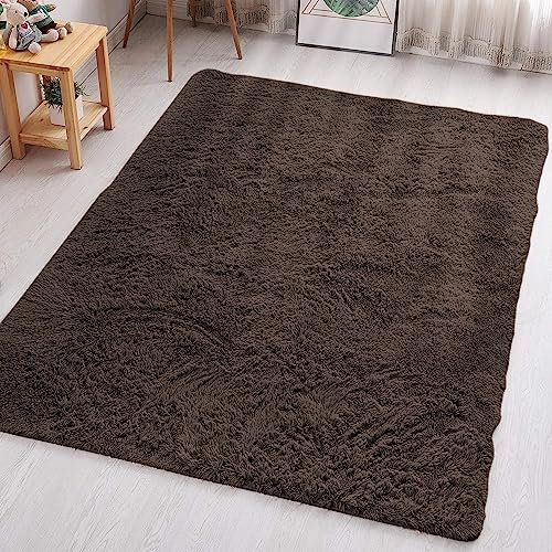 Aspire Homeware Teppiche für Wohnzimmer, 50 x 80 cm, rutschfest, modern, superweich, dicker Flor, kleiner, flauschiger Zottelteppich, fusselfrei, Braun