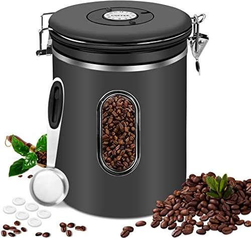 JOLIGAEA 2.8L Boîte à Café, Boîte à café Hermétique en acier Inoxydable, Boîte à café Grain avec Cuillère à Mesurer,Valve de CO2 et Cadran Dateur, pour Café en Grains, Café Moulu, Noix, Sucre, Noir
