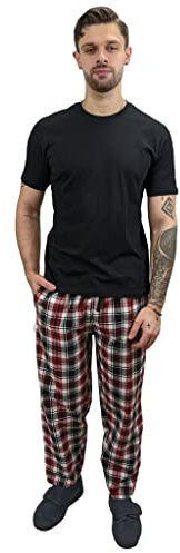 KRUXADER Mens Pyjamas Set | 100% Cotton PJs | With Pants & Short Sleeve Top | Elastic Waistband and Drawstring (CAMELOT BLACK, XL)