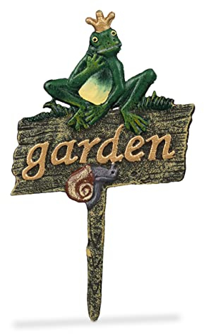 Relaxdays Gartenstecker Gusseisen, Steckschild mit Garden-Schriftzug, Froschkönig & Schnecke, HxB 27,5 x 15,5 cm, bunt