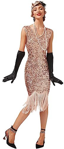 Robe de cocktail vintage années 1920 à franges Gatsby pour femme, rose, Taille M